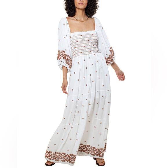 Hale Bob Jayden Embroidered Smocked Maxi Dress with Bishop Sleeves - Picture 1 of 7